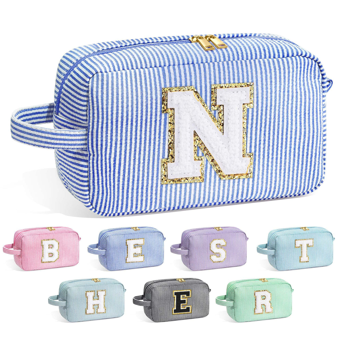 Trousse de maquillage personnalisée YOOLIFE bleue avec initiale en chenille