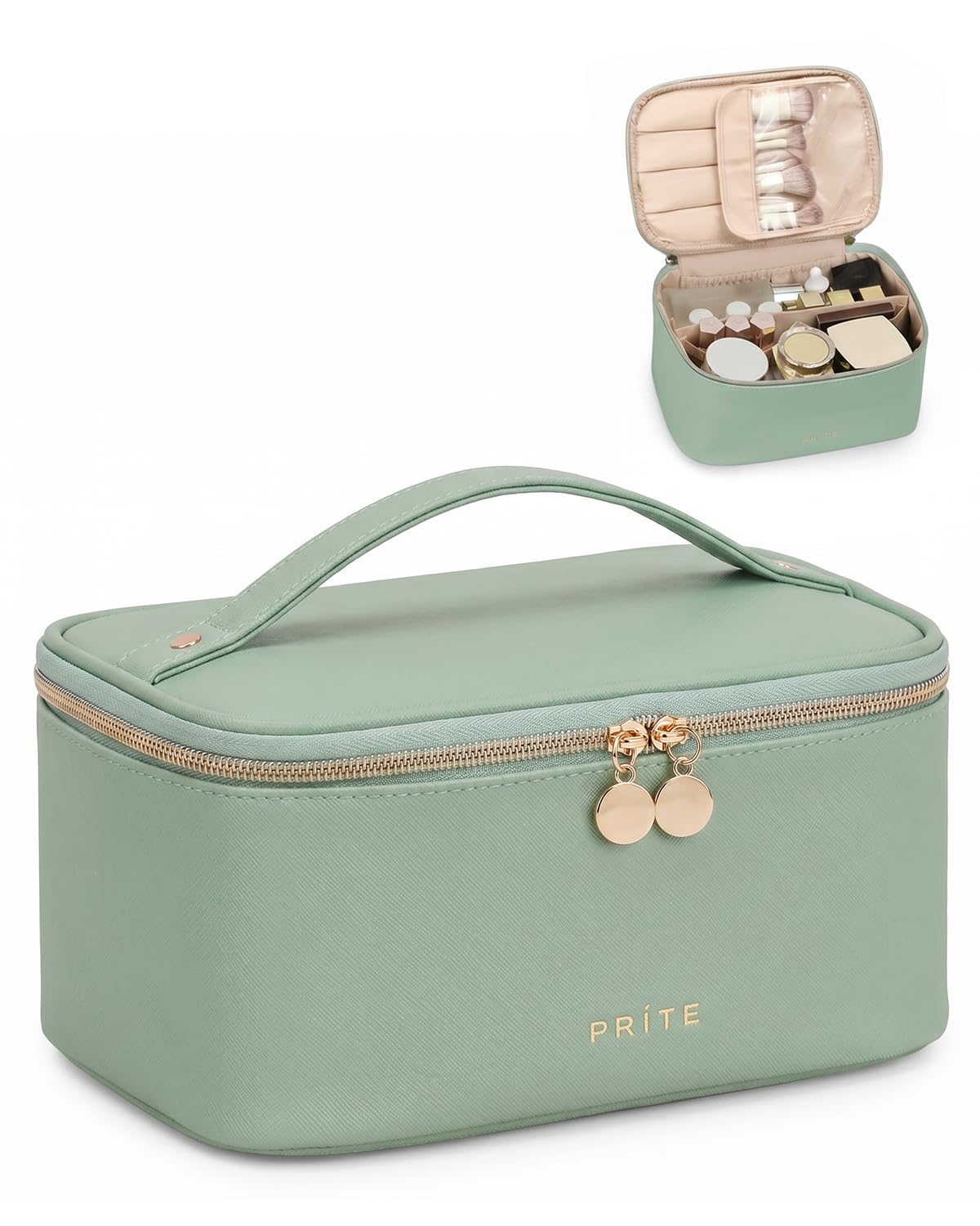 Trousse de maquillage Prite en similicuir vert vue de face