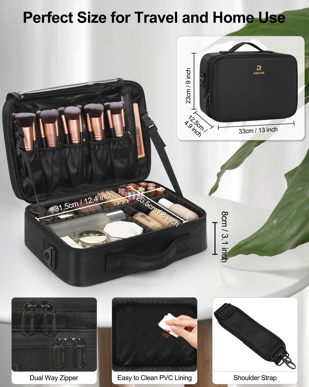 Trousse de maquillage Relavel en situation de voyage, avec des cosmétiques à l'intérieur