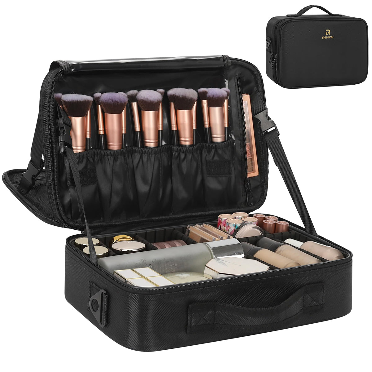 Trousse de maquillage Relavel noire vue de face avec compartiments ouverts