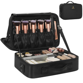 Trousse de maquillage Relavel noire vue de face avec compartiments ouverts