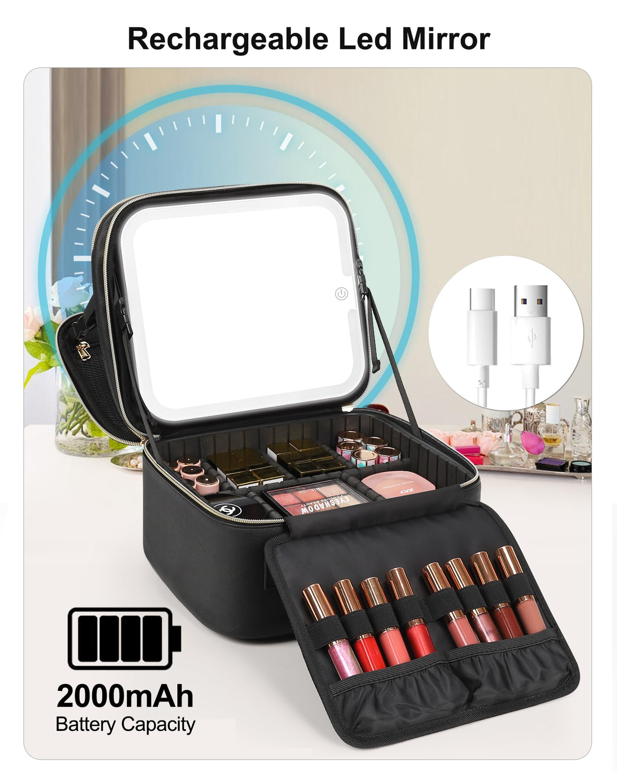 Trousse de maquillage Relavel ouverte avec accessoires