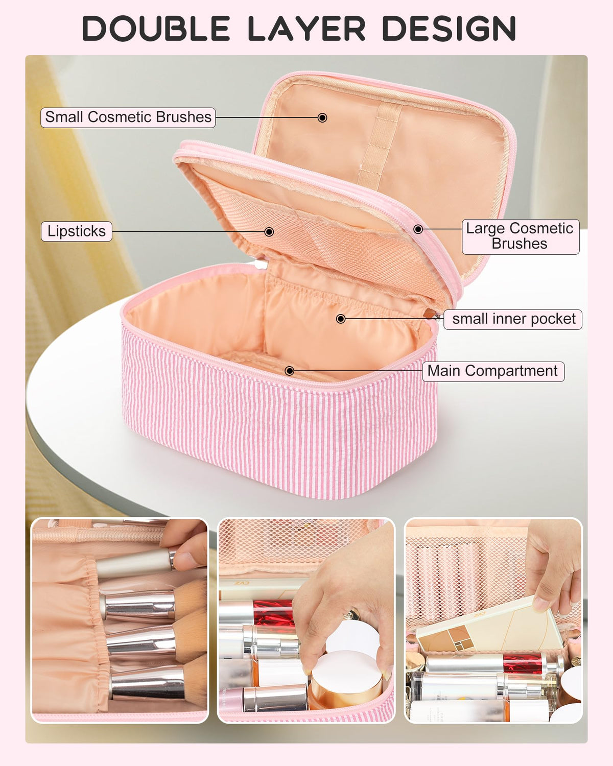 Trousse de maquillage Relavel rose sur une table avec des produits de beauté