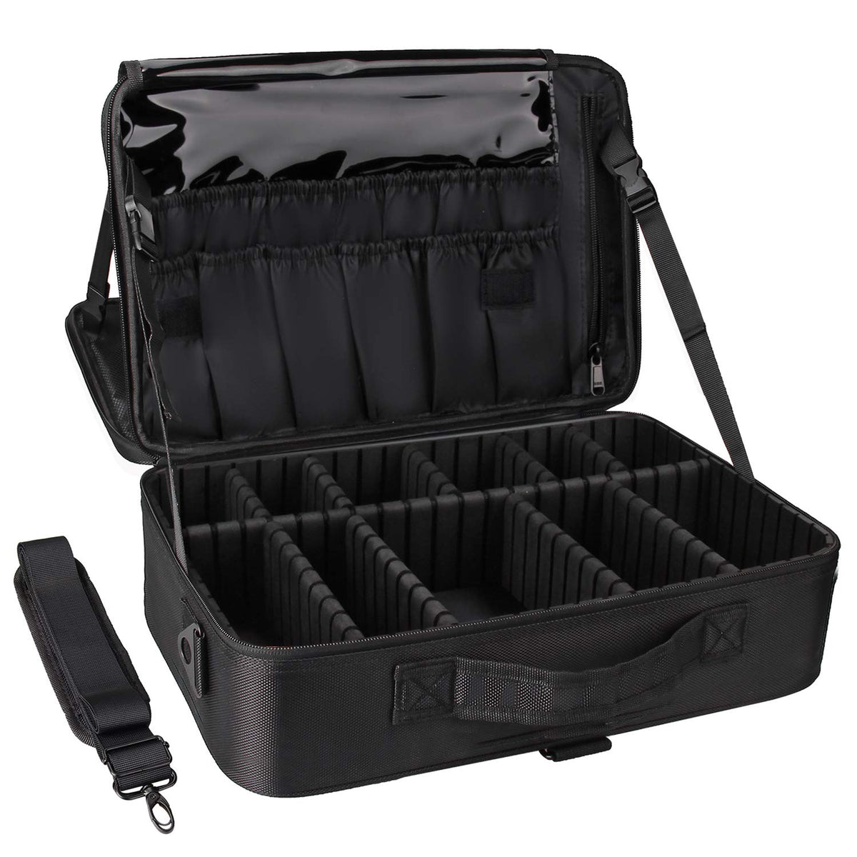 Trousse de maquillage Relavel vue de face, avec fermeture éclair et compartiments