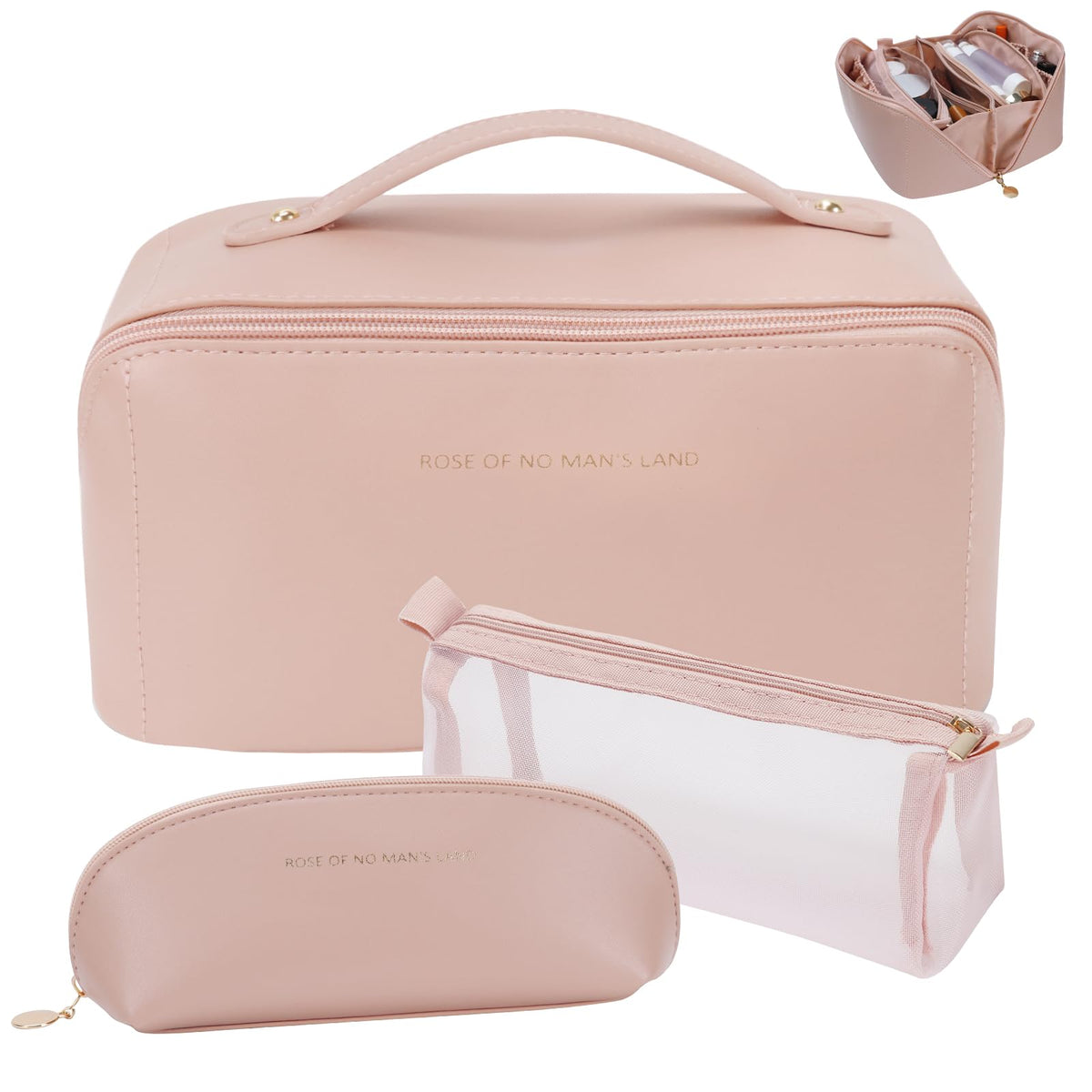 Trousse de maquillage rose zalea vue de face avec fermeture éclair ouverte