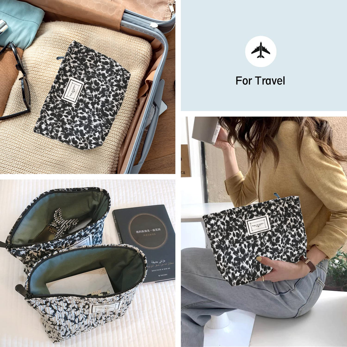 Trousse de maquillage STARDW vue de côté avec motifs floraux