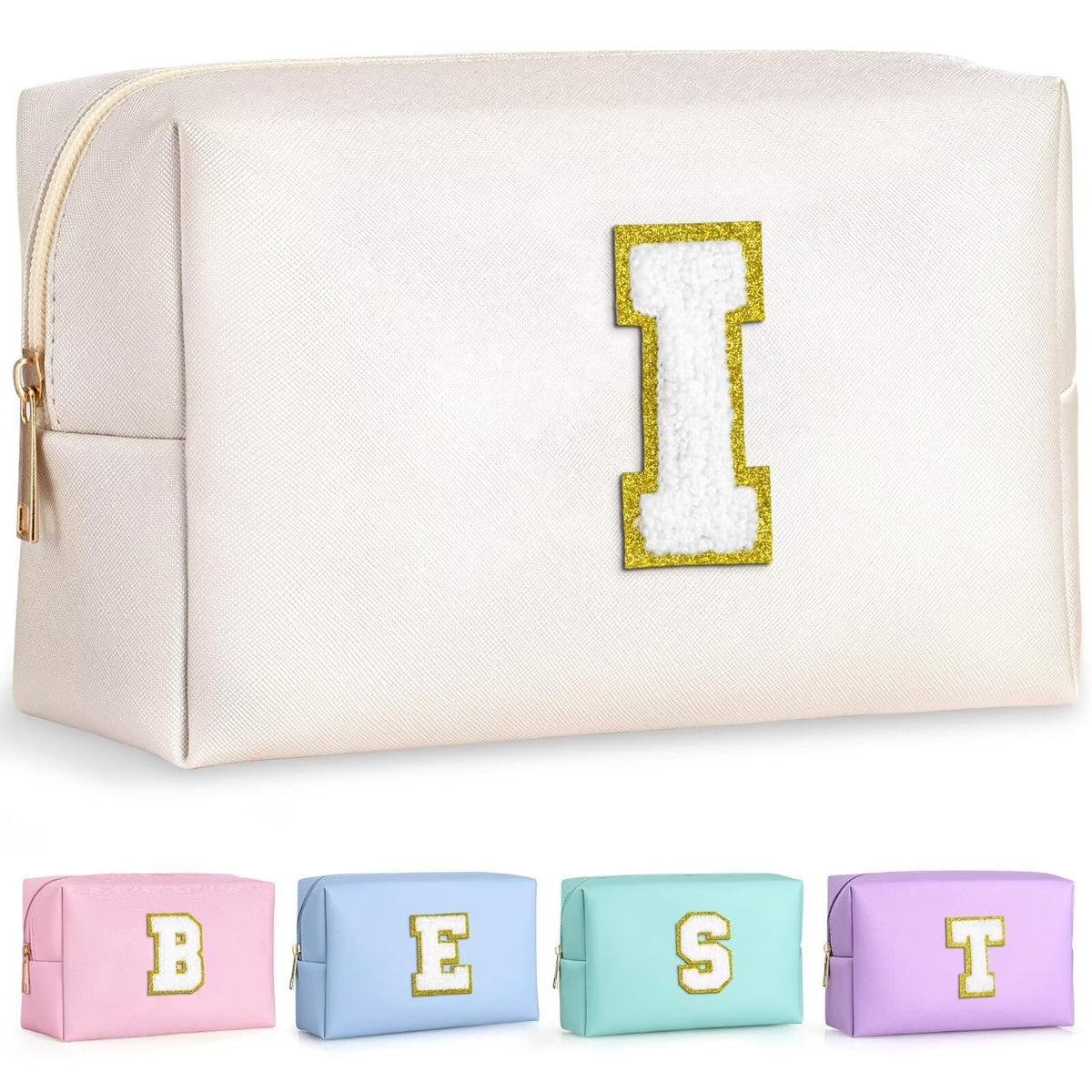 Trousse de maquillage TOPEAST blanche avec patch en chenille dorée