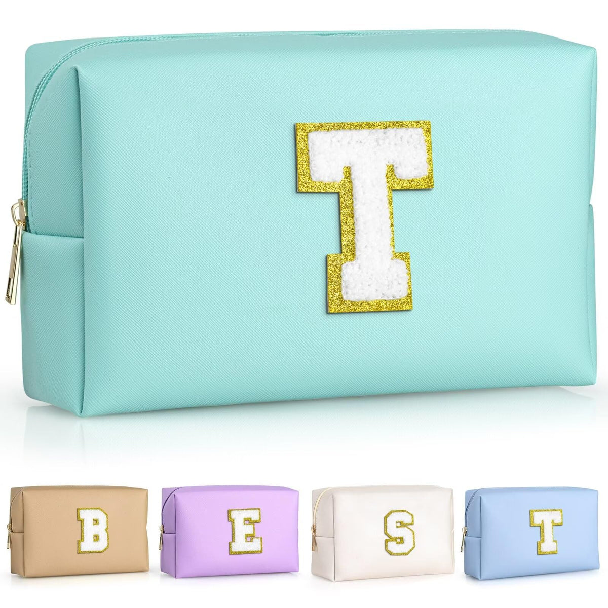 Trousse de maquillage TOPEAST bleue avec patch en chenille doré