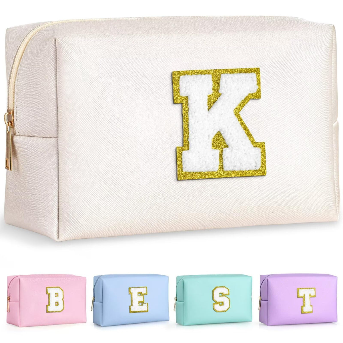 Trousse de maquillage TOPEAST en cuir PU blanc avec patch en chenille dorée