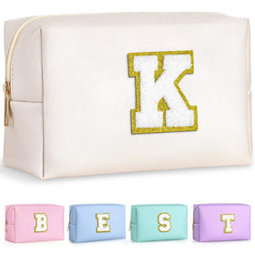 Trousse de maquillage TOPEAST en cuir PU blanc avec patch en chenille dorée