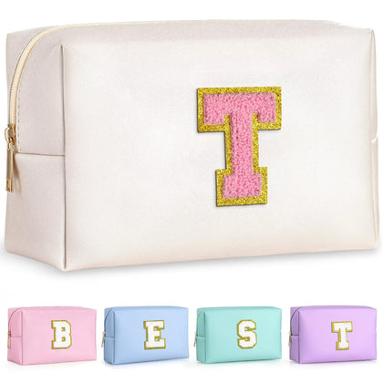 Trousse de maquillage TOPEAST en cuir PU imperméable couleur blanche avec patch en chenille doré