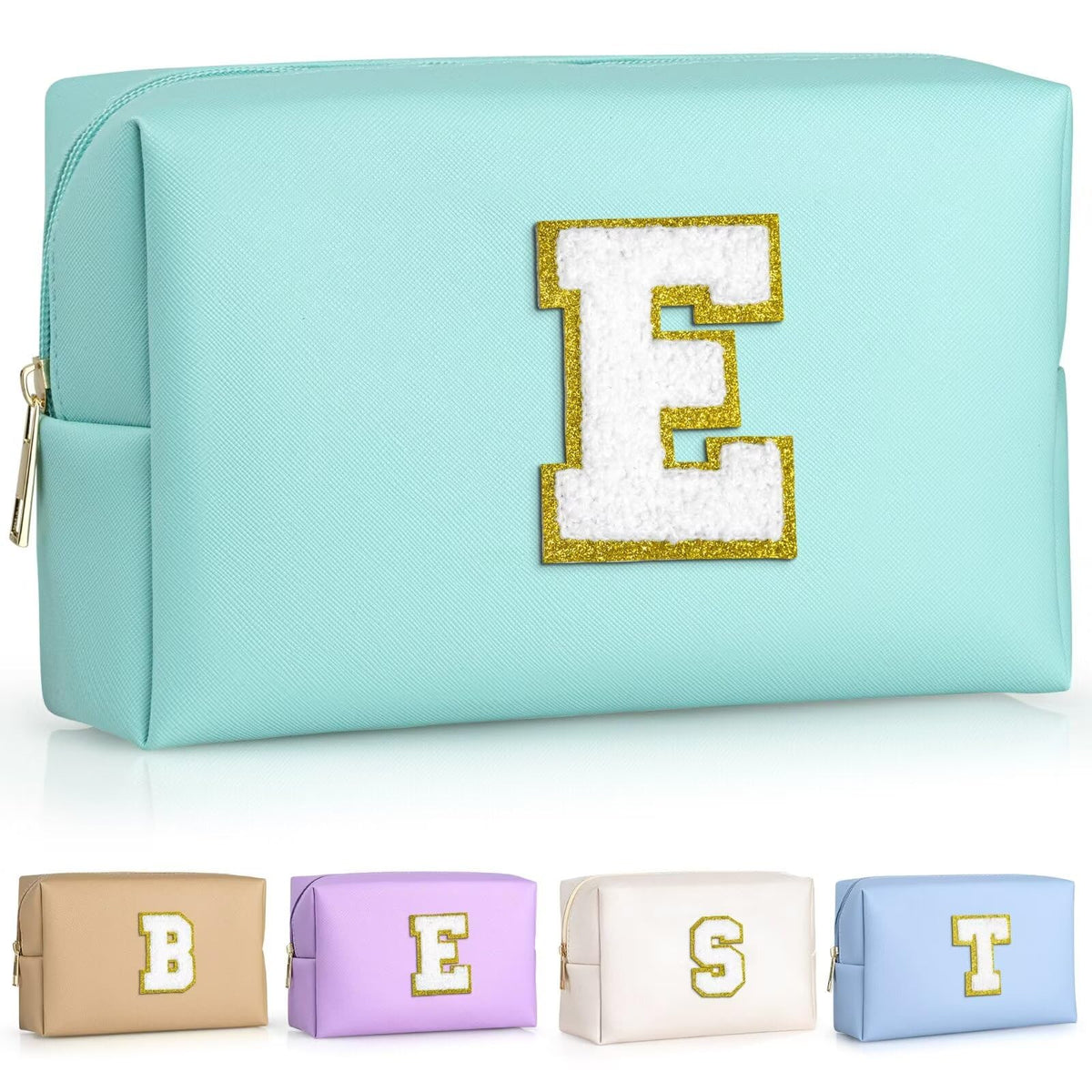 Trousse de maquillage TOPEAST en cuir synthétique bleue avec patch en chenille doré