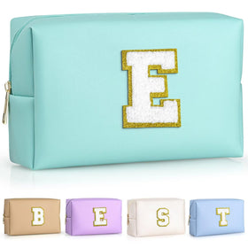 Trousse de maquillage TOPEAST en cuir synthétique bleue avec patch en chenille doré