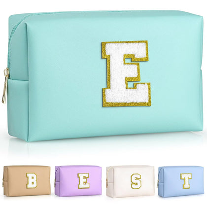 Trousse de maquillage TOPEAST en cuir synthétique bleue avec patch en chenille doré
