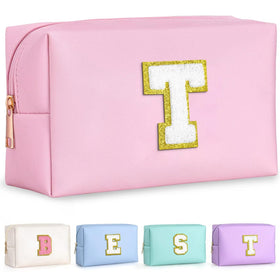 Trousse de maquillage TOPEAST rose avec patch initial en paillettes dorées devant