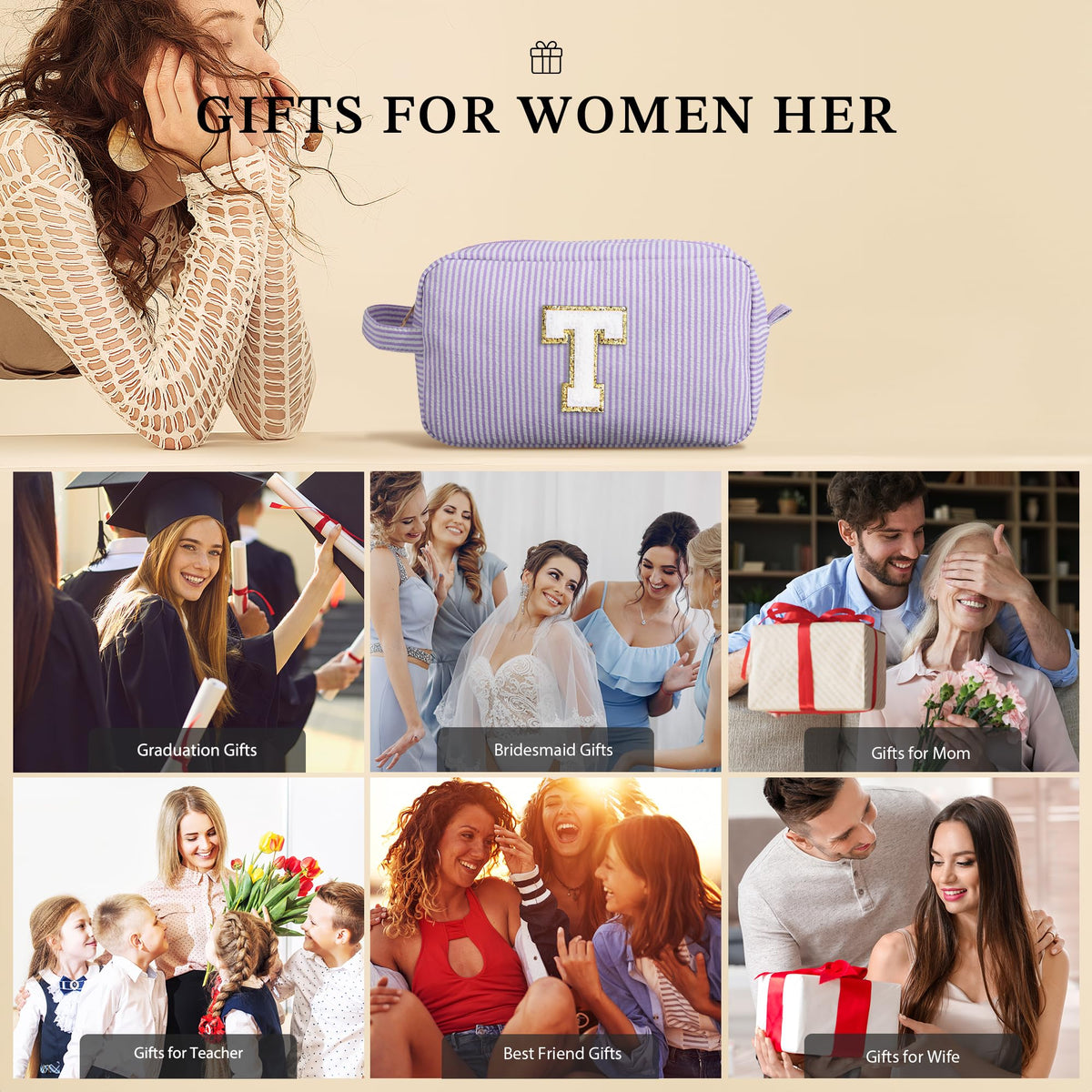 Trousse de maquillage YOOLIFE avec initiale personnalisée
