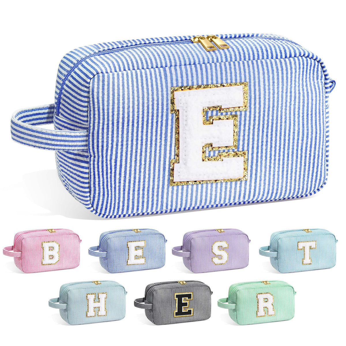 Trousse de maquillage YOOLIFE bleu avec initiale en chenille
