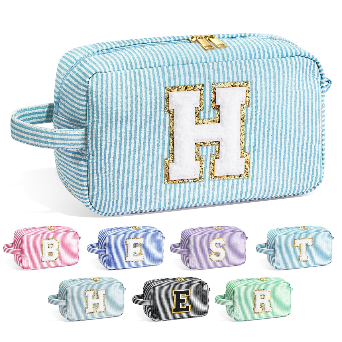 Trousse de maquillage YOOLIFE bleu clair avec lettre en chenille