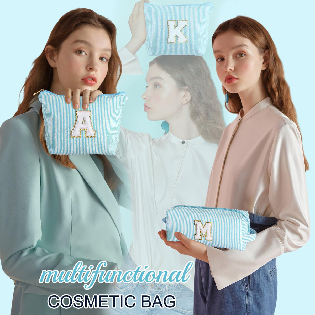 Trousse de maquillage YOOLIFE bleue avec initiale personnalisée