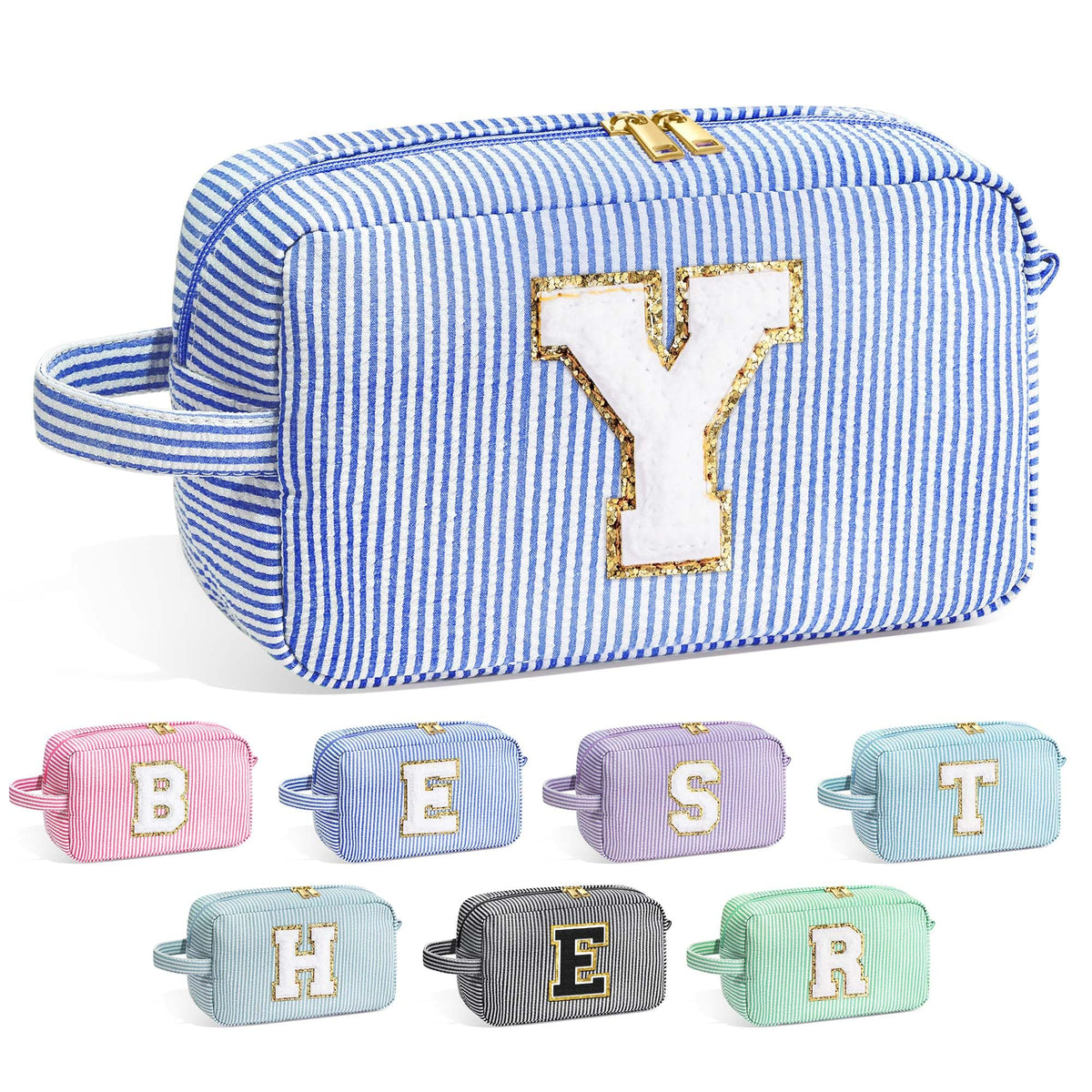 Trousse de maquillage YOOLIFE bleue avec initiale Y avant vue