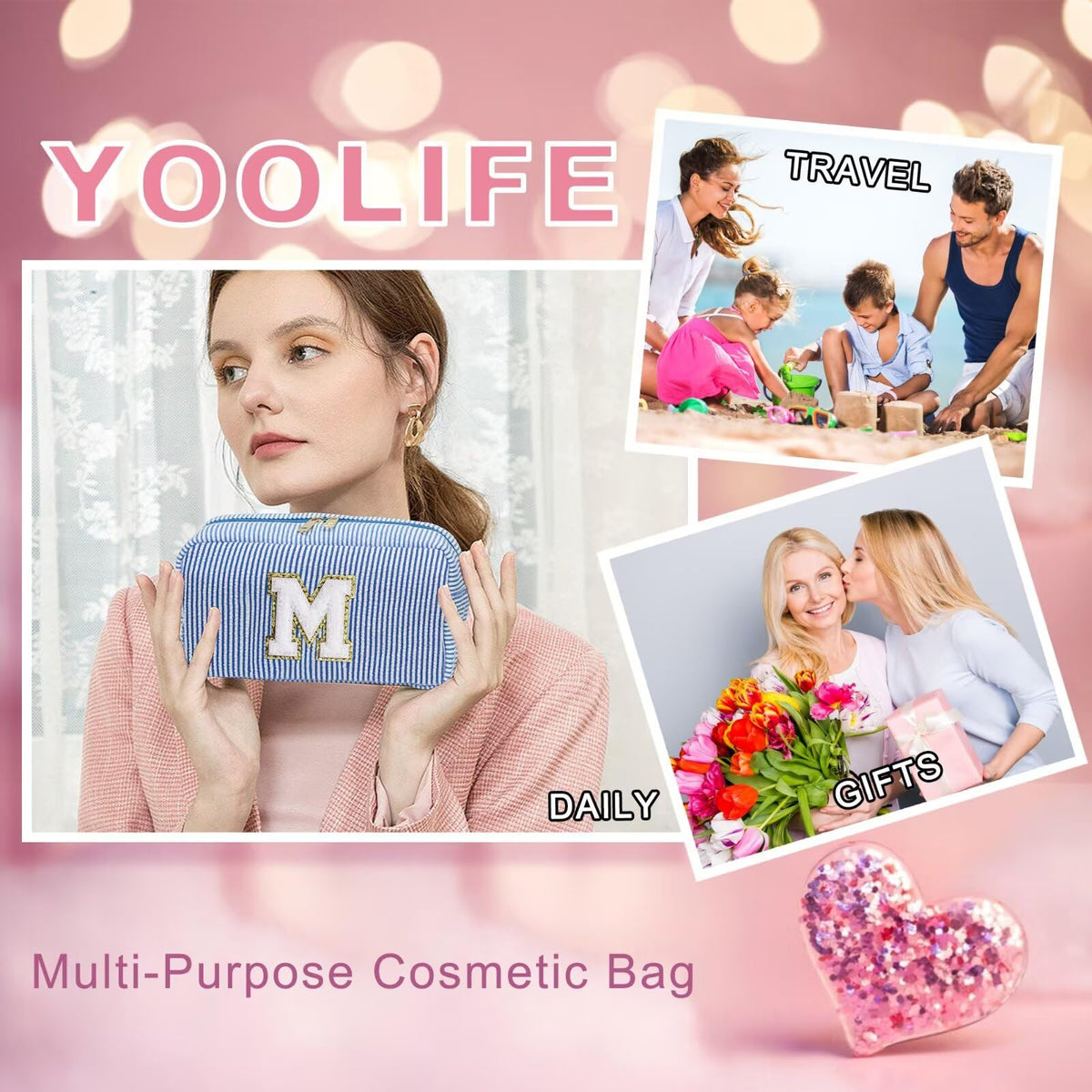 Trousse de maquillage YOOLIFE initiale bleue J taille comparée à la main