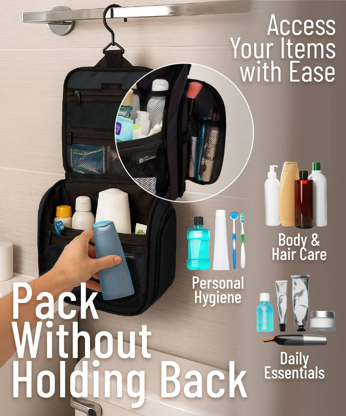 Trousse de toilette DD D&D Wanderlust ouverte montrant les compartiments