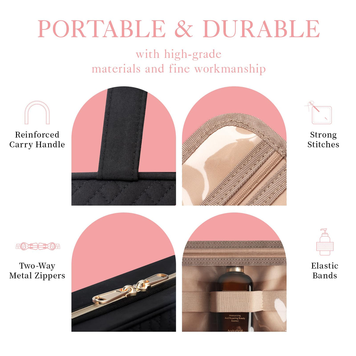 Trousse de toilette HOTOR en noir, présentée avec divers accessoires de voyage