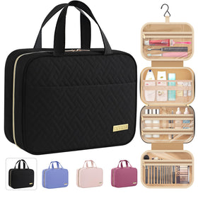 Trousse de toilette suspendue HOTOR en noir, ouverte avec produits de toilette