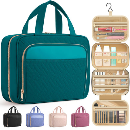 Trousse de toilette suspendue HOTOR modèle teal vue avant avec poches transparentes