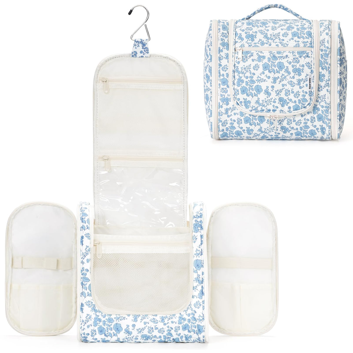 Trousse de toilette suspendue Narwey fleurs bleues vue de face