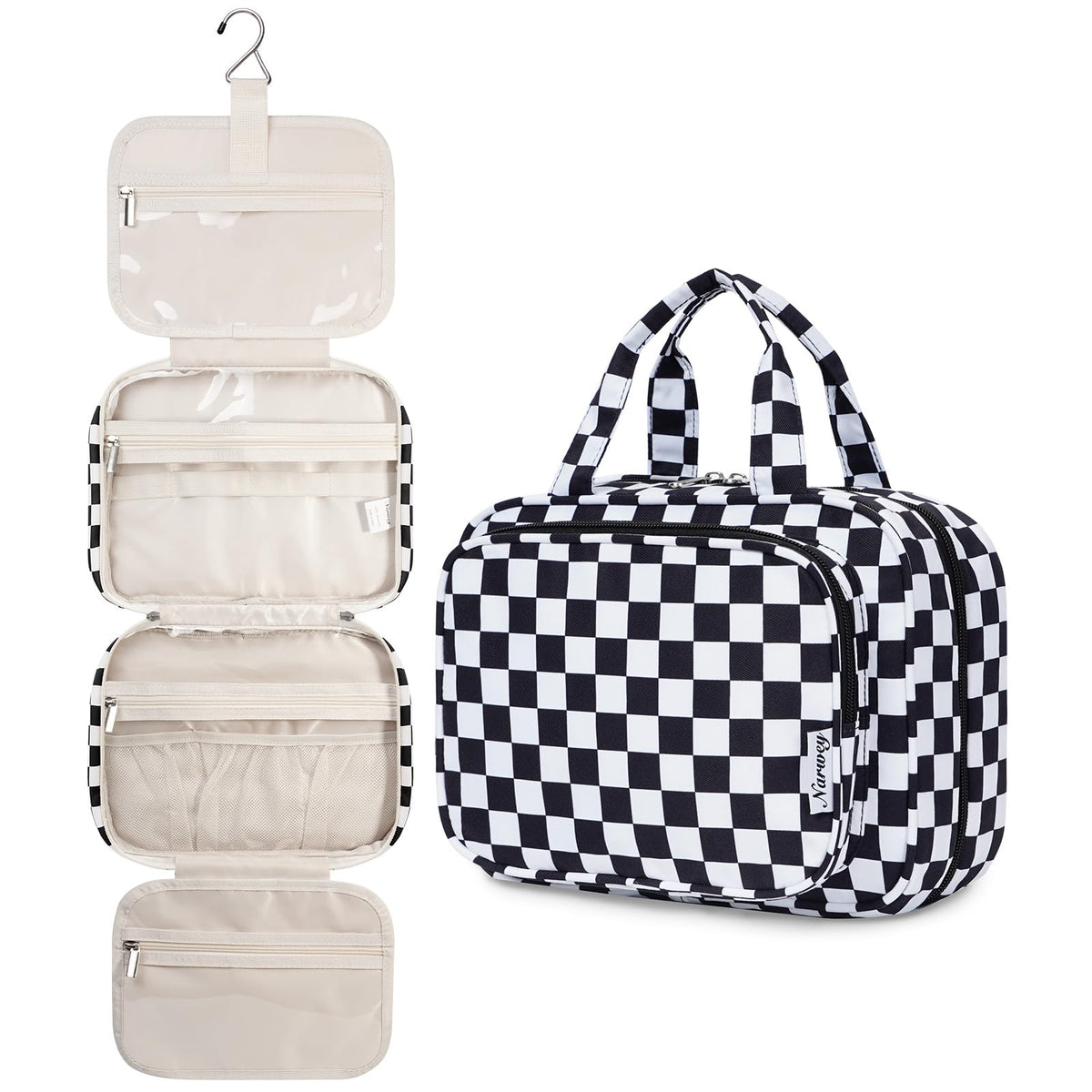 Trousse de toilette suspendue Narwey modèle noir à carreaux vue de face