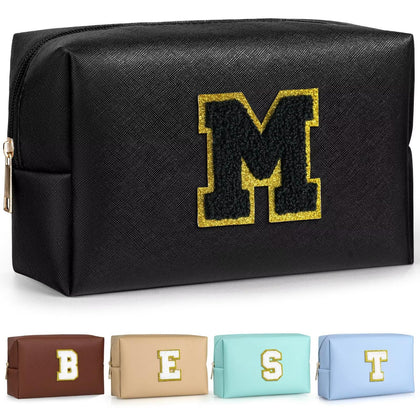 Trousse de toilette TOPEAST noire avec patch initial en chenille dorée