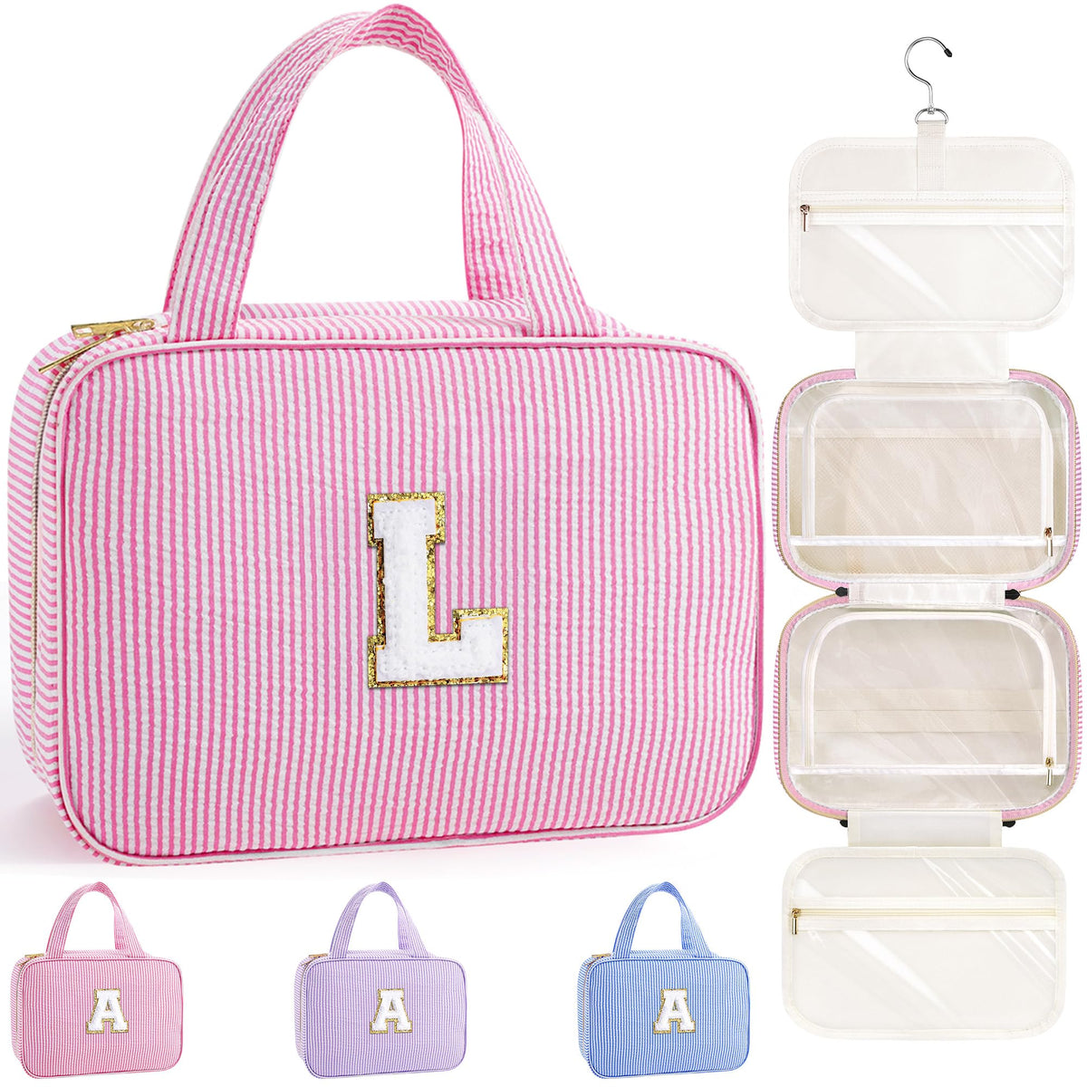 Trousse de Toilette TOPEAST rose avec patch initial en paillettes dorées