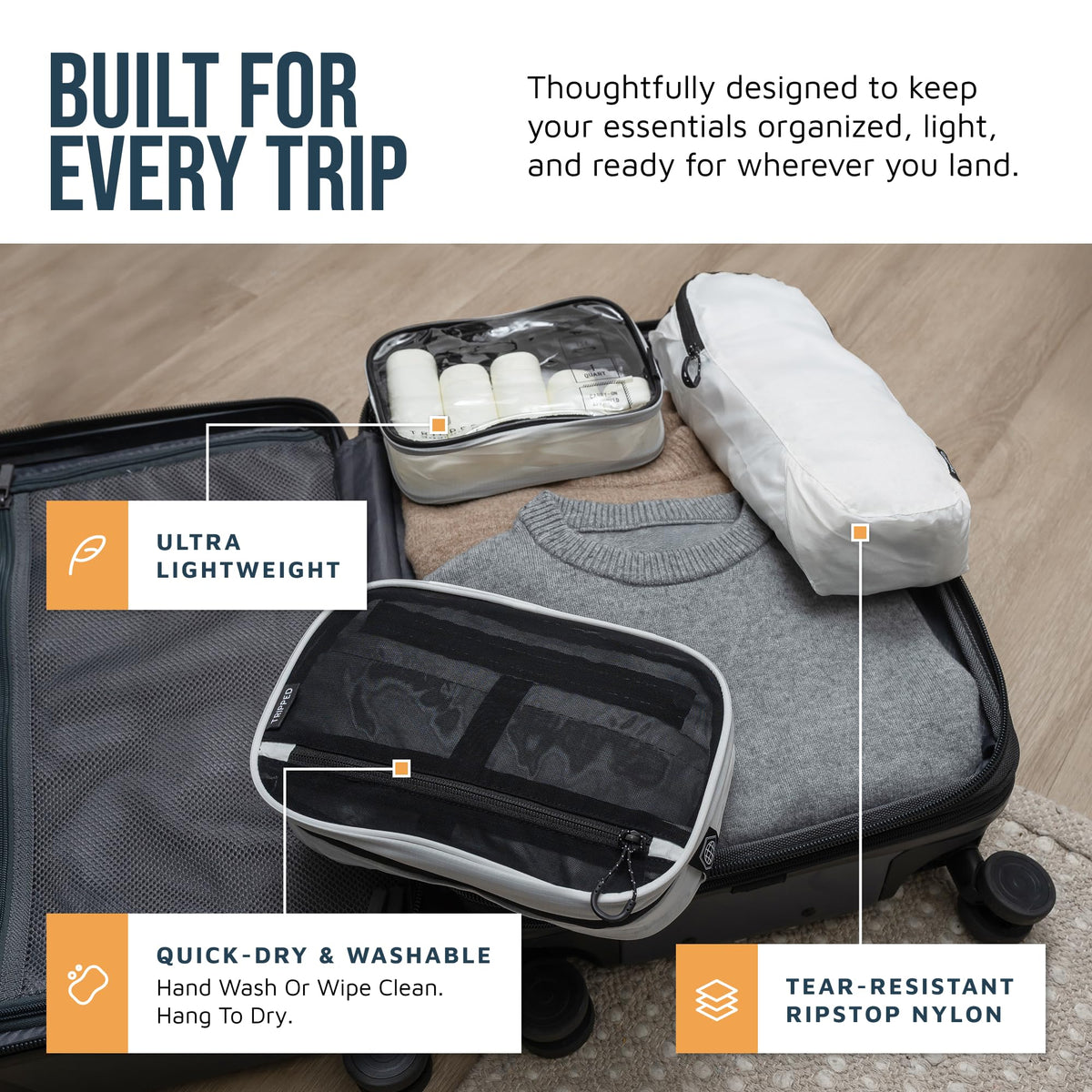 Trousse de toilette TRIPPED ouverte avec compartiments visibles
