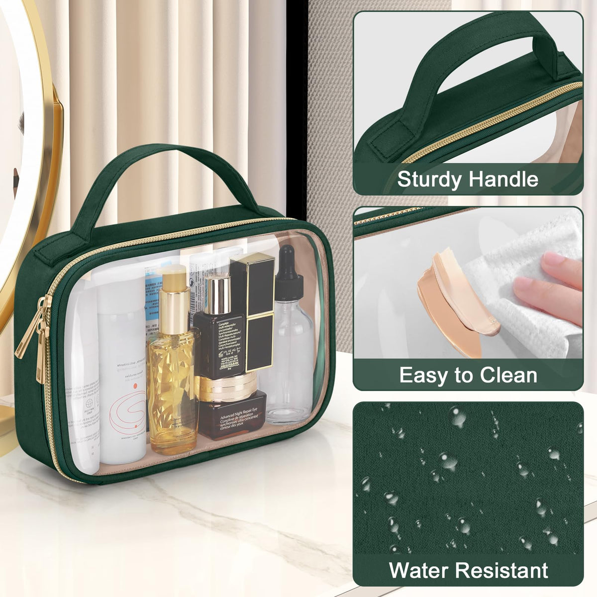 Trousse de toilette Wedama sur une table avec accessoires de voyage