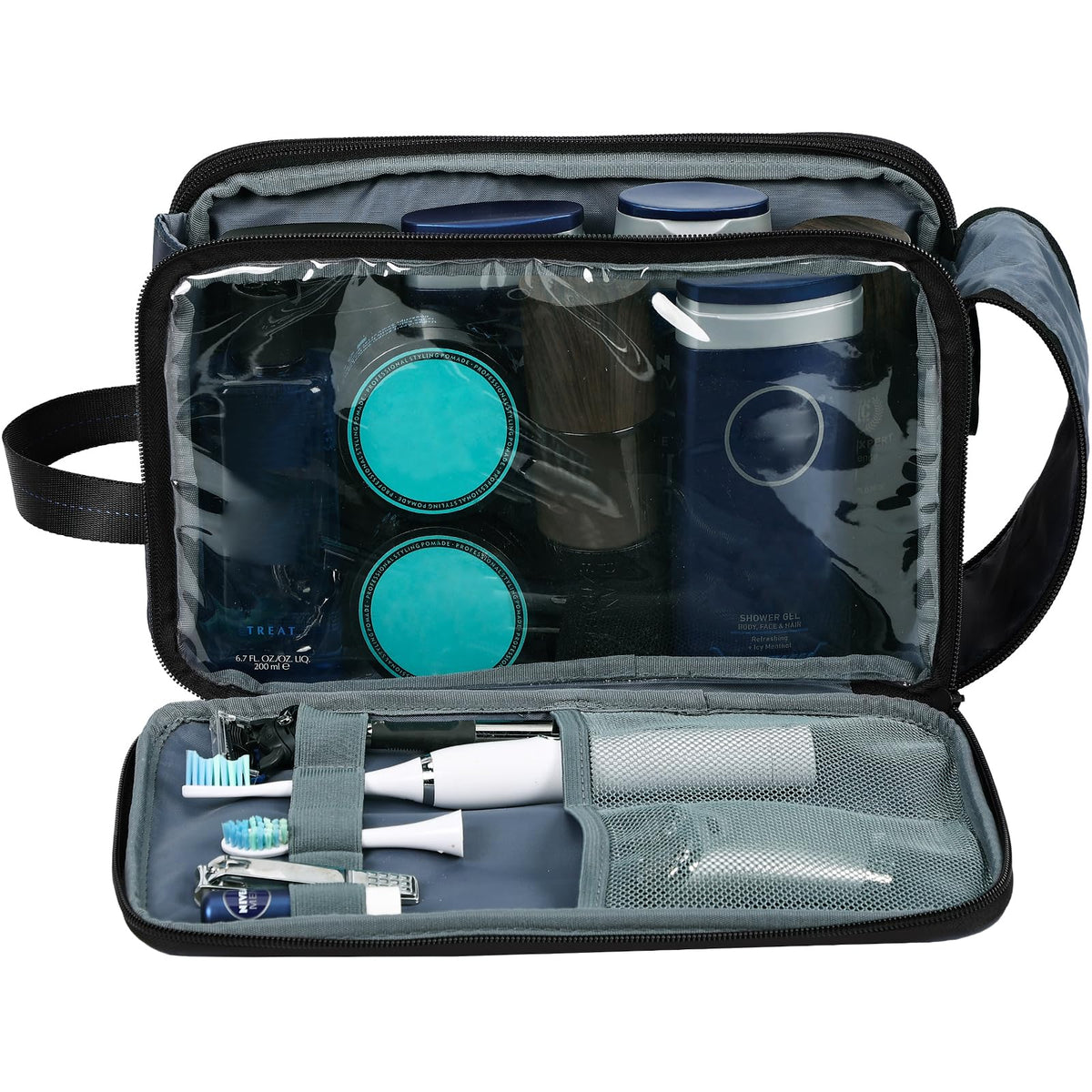 Trousse de toilette ZEEMO ouverte avec compartiments visibles