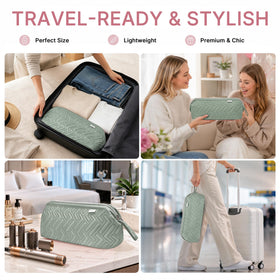 Trousse de voyage Leudes sur une table, avec un sèche-cheveux et un fer à friser à côté