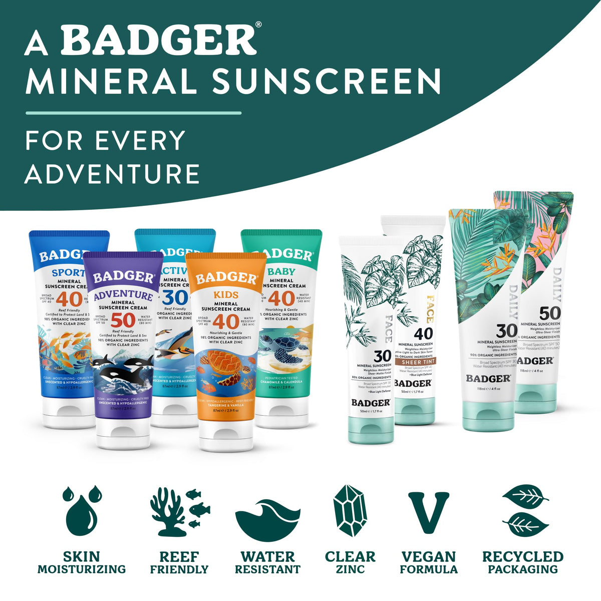 Tube de crème solaire Badger SPF 50 avec ingrédients bio