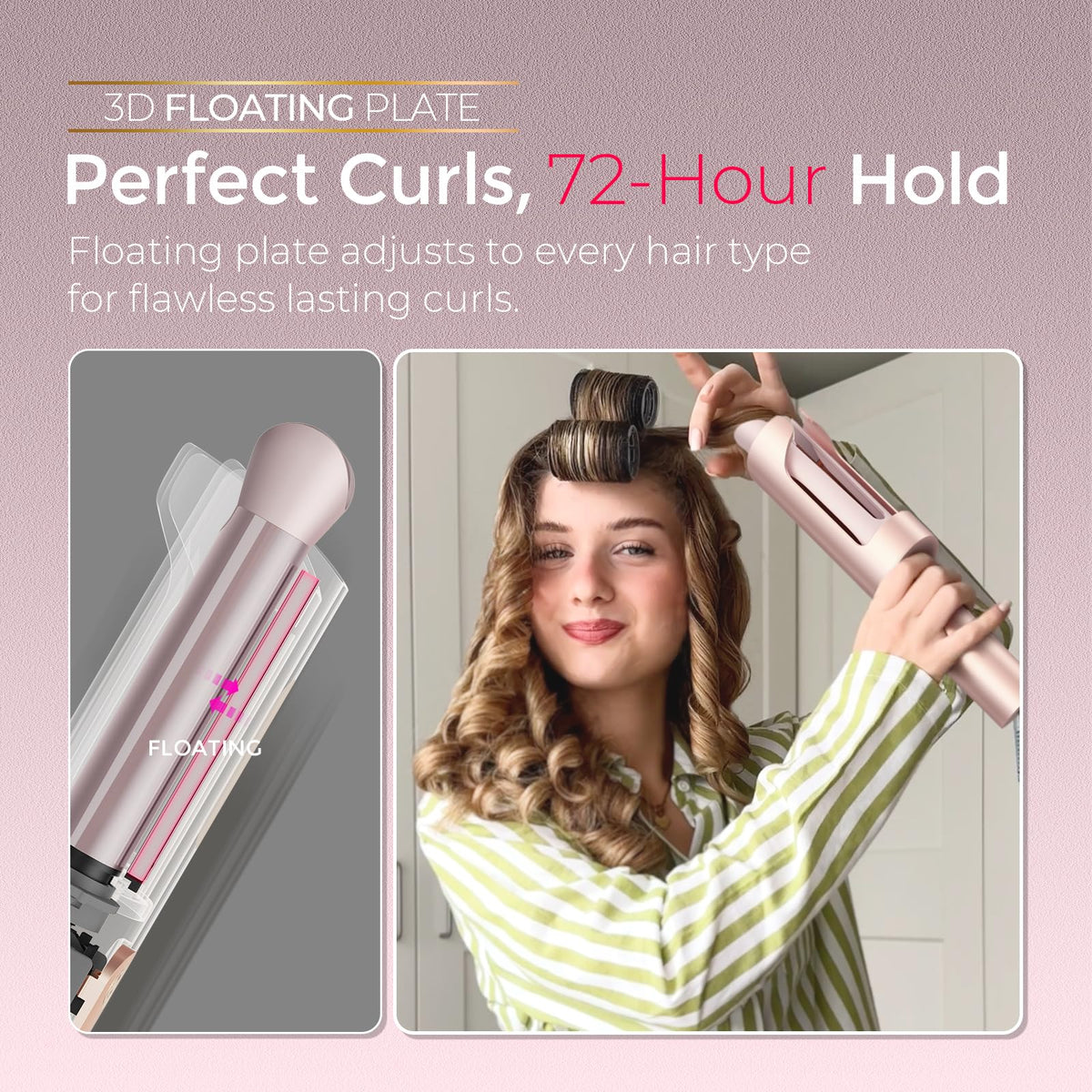 TYMO CurlPro Plus fer à boucler affichant ses caractéristiques techniques