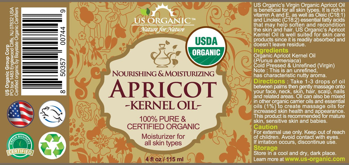 US Organic Huile de Noyau d'Abricot 118ml avec compte-gouttes en verre