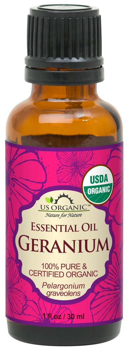 US Organic Huile Essentielle de Géranium 30 ml vue avant avec bouchon compte-gouttes