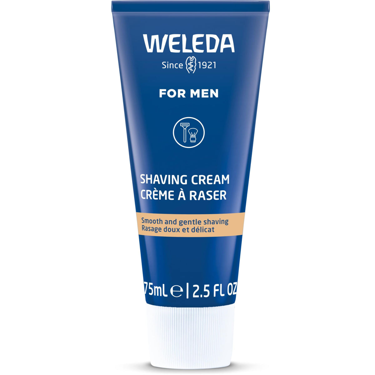 Utilisation de la crème à raser Weleda sur le visage pendant le rasage