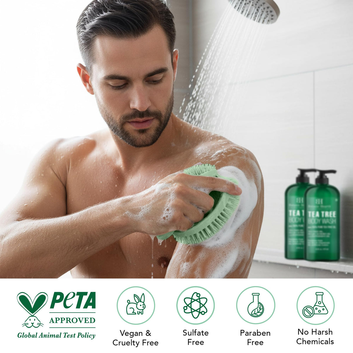 Utilisation du gel douche au tea tree avec la brosse exfoliante