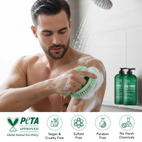 Utilisation du gel douche au tea tree avec la brosse exfoliante