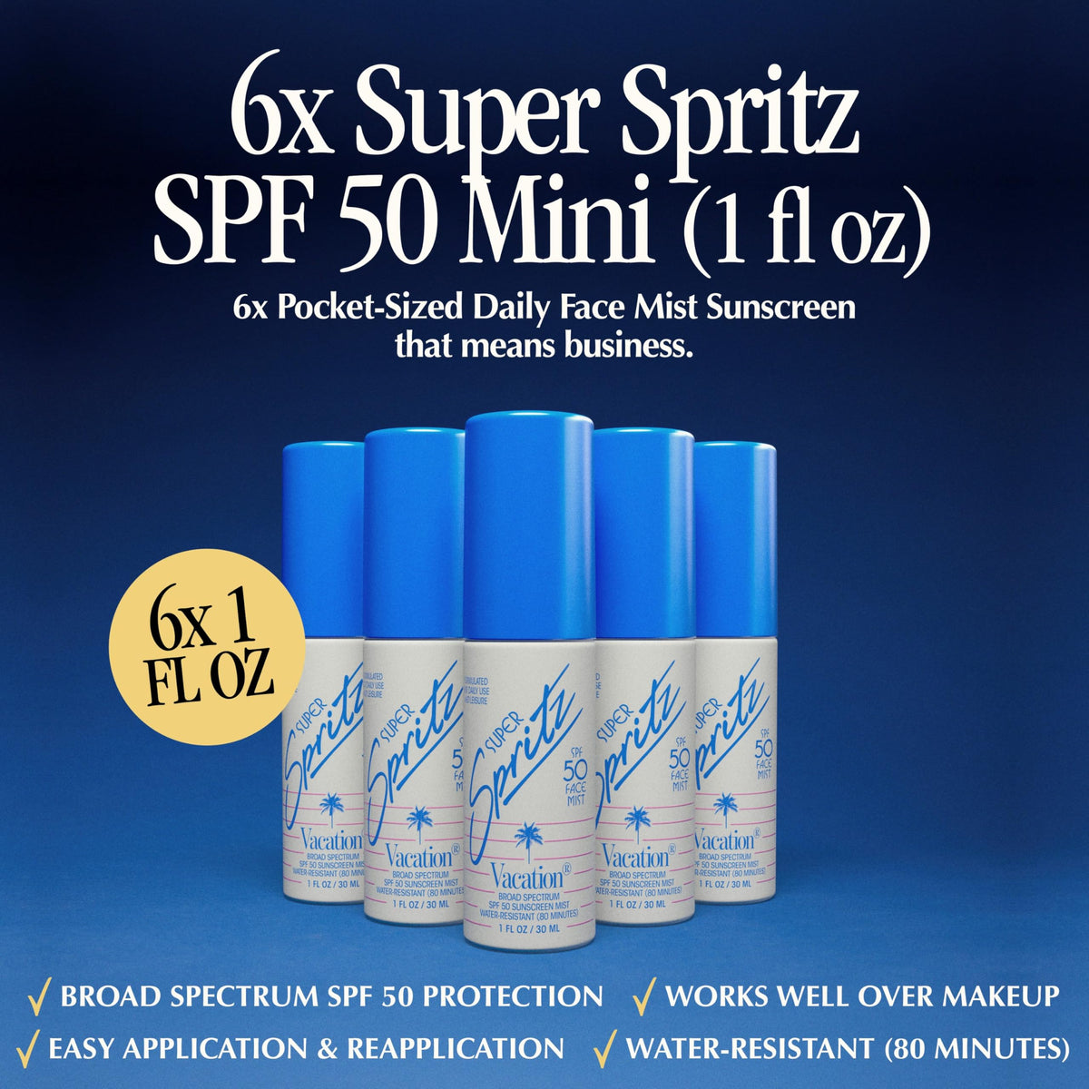 VACATION Mini Super Spritz SPF 50 spray solaire visage, spray en action