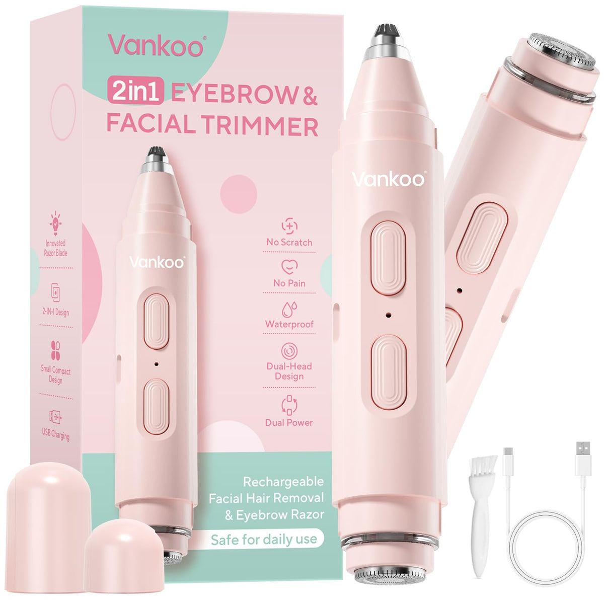 Vankoo glow épilateur visage et sourcils 2 en 1 modèle rose vue de face