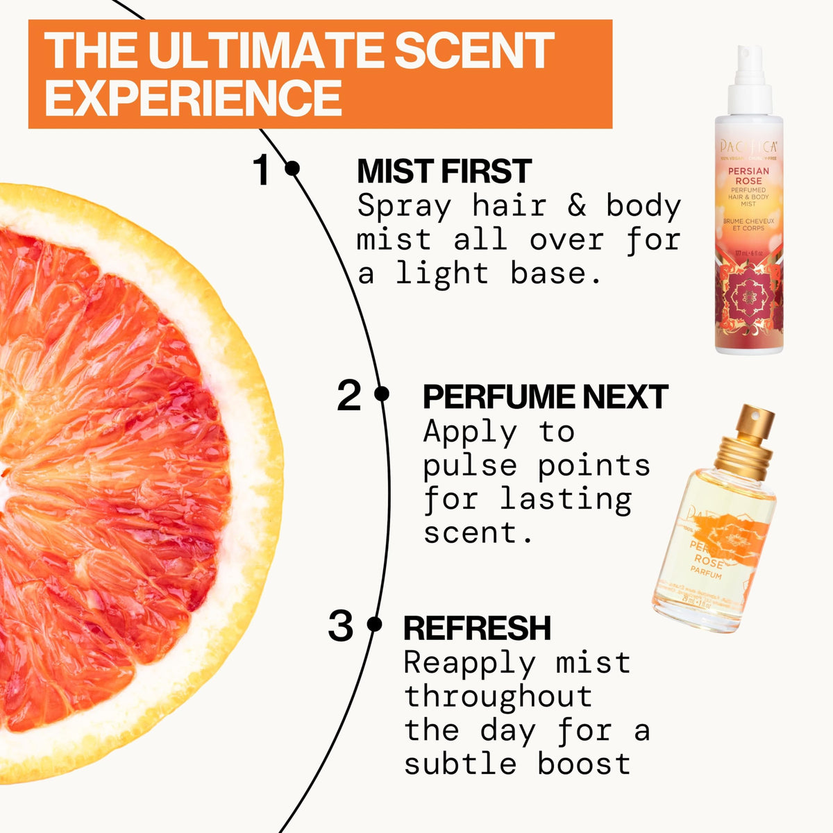 Vaporisation de la brume parfumée Pacifica sur la peau