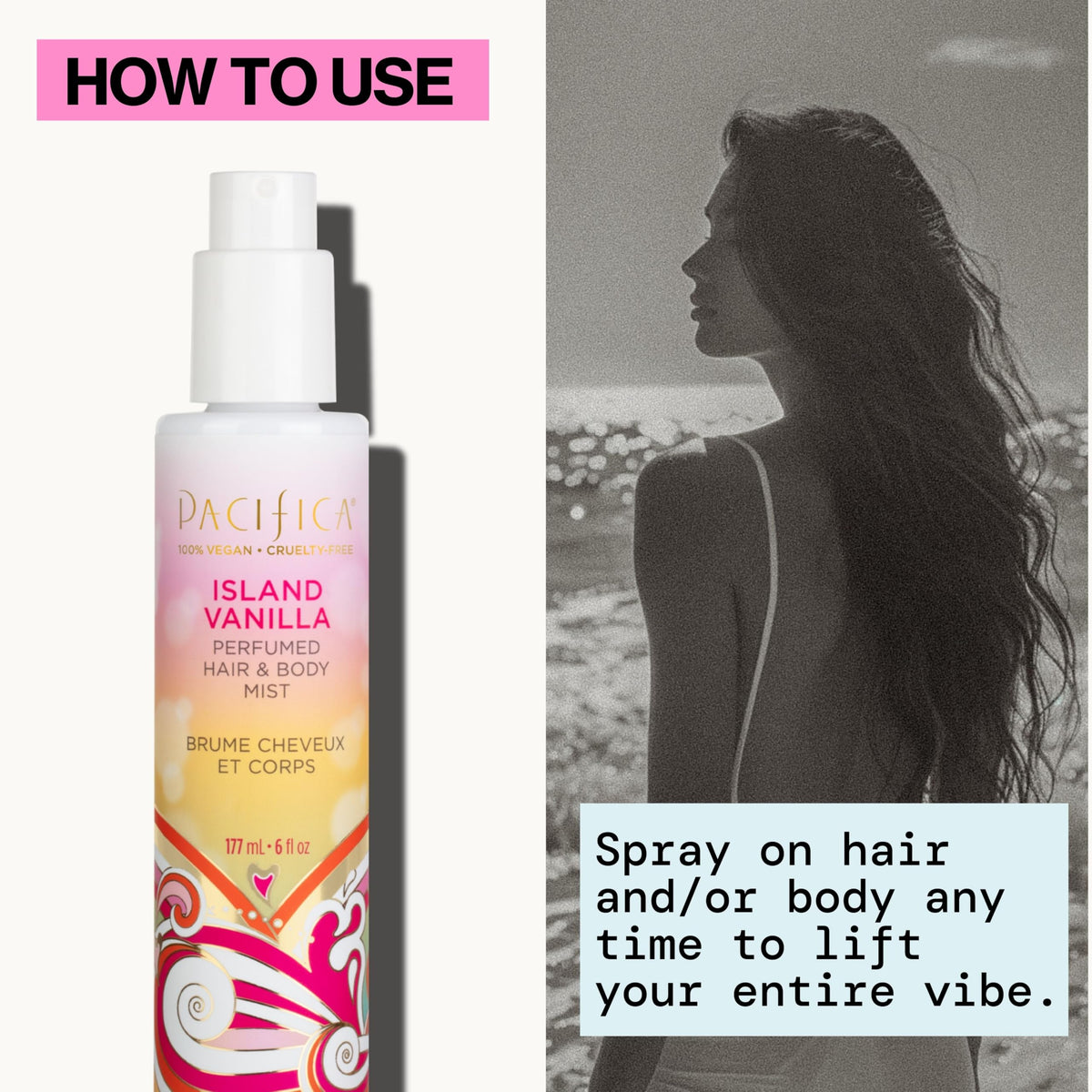 Vaporisation de Pacifica Brume Parfumée Vanille des Îles sur les cheveux