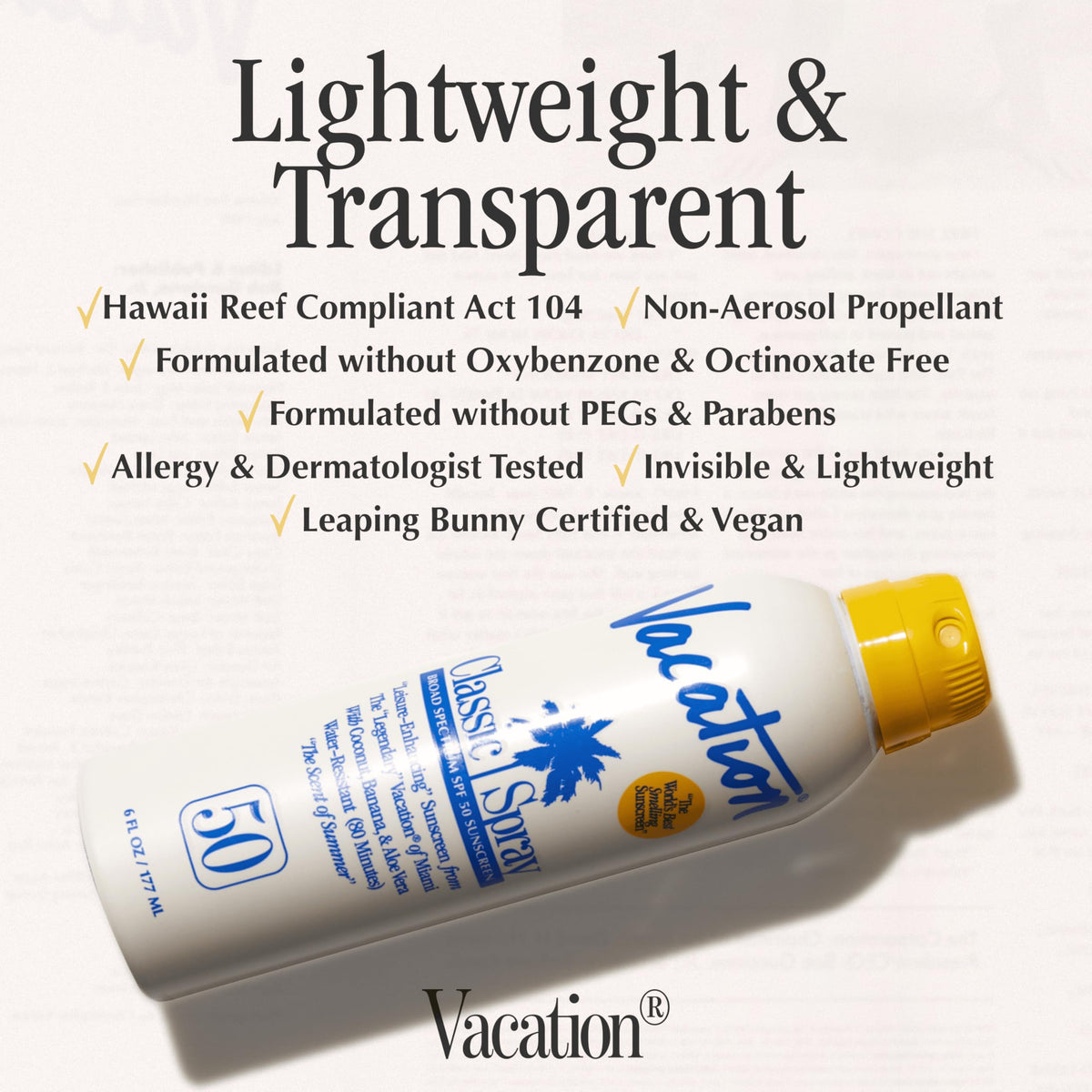 Vaporisation du spray solaire VACATION SPF 50 sur la peau