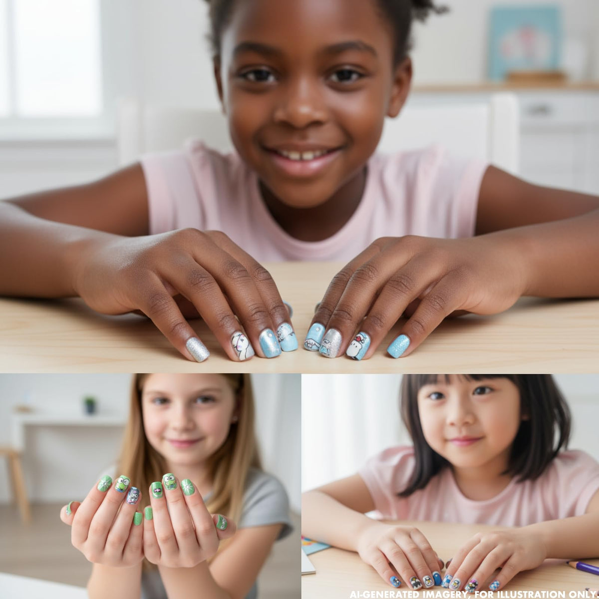 Variété d'ongles press-on Hello Kitty sur une table